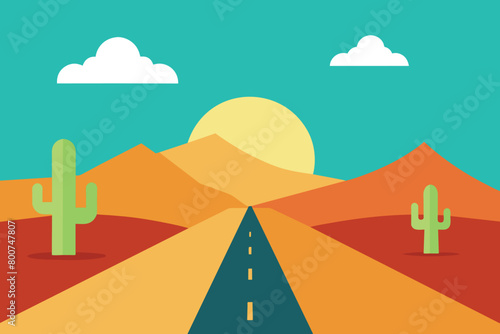 Illustration of a view of desert mountains sky and Cactus On both sides of a small road vector
