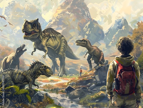 Wanderer Exploring Prehistoric Landscape with Cautious Curiosity Amidst Pack of Dinosaurs photo