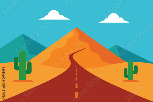 Illustration of a view of desert mountains sky and Cactus On both sides of a small road vector