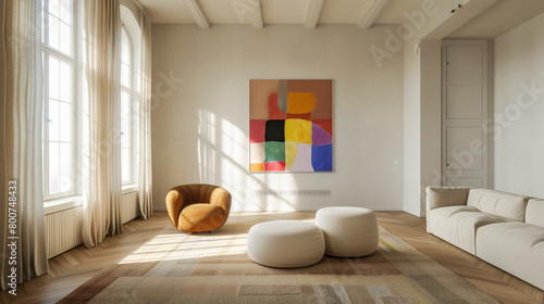 A white room with a colorful abstract painting on the wall. The room is furnished with a brown chair and two white ottoman pillows