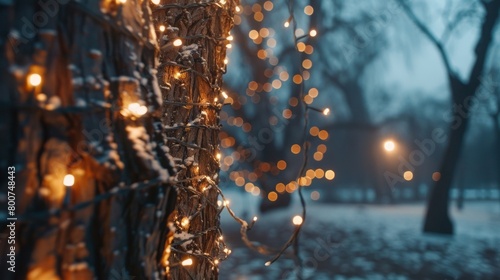 Blank mockup of a string of fairy lights wrapped around a tree for a romantic winter festival atmosphere. .