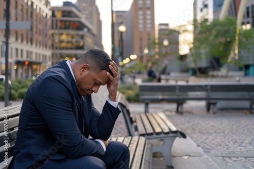 A man in a suit is sitting on a bench and looking down. He is in a state of distress or sadness