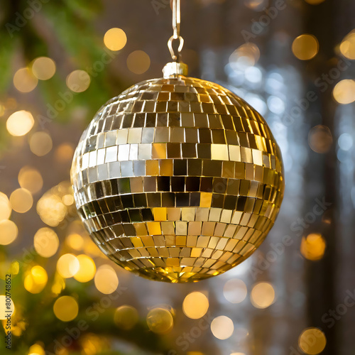 a golden disco mirror ball suspended in mid-air, reflecting dazzling lights and exuding a sense of luxury and glamou photo