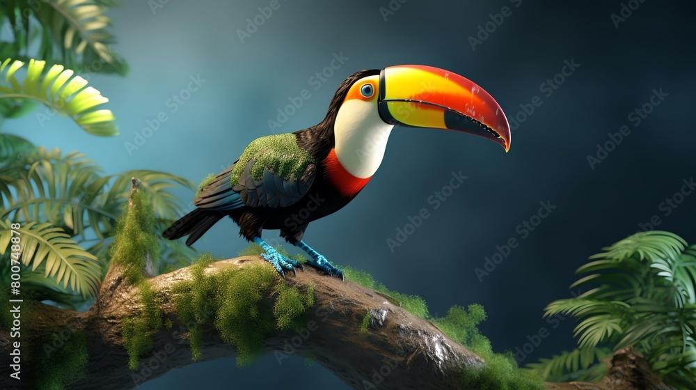 Fototapeta premium Vibrant 3D model of a toucan perched on a tropical branch with detailed feather textures and a colorful beak ideal for educational apps or documentaries