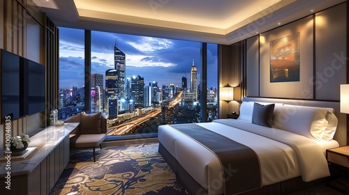 interior of a luxury hotel room with a panoramic view of a bustling city, symbolizing business travel accommodation