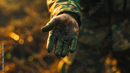手を差し伸べる迷彩服の兵士の手元のクローズアップ © Hanasaki