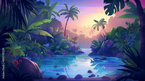 Cartoon tropical jungle forest swamp or lake landscape isolation background  Illustration