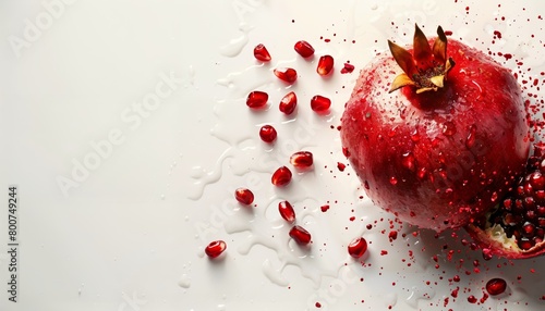A single pomegranate burst open, vibrant arils spilling onto a pure white backdrop photo
