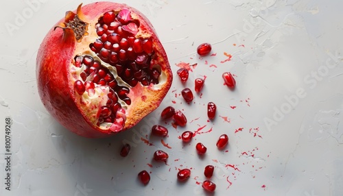 A single pomegranate burst open, vibrant arils spilling onto a pure white backdrop photo