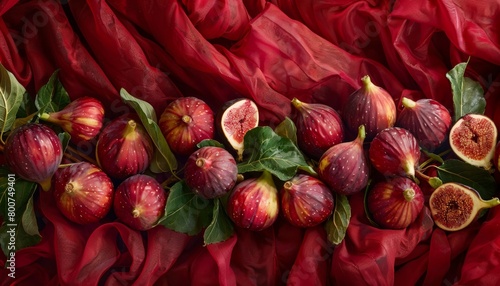 Sweet, ripe figs arranged artfully on a backdrop of rich oxblood red