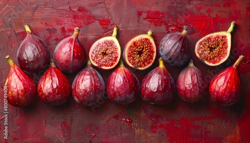 Sweet, ripe figs arranged artfully on a backdrop of rich oxblood red