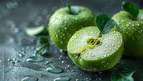 Fresh green apple with water drops, isolated on white background