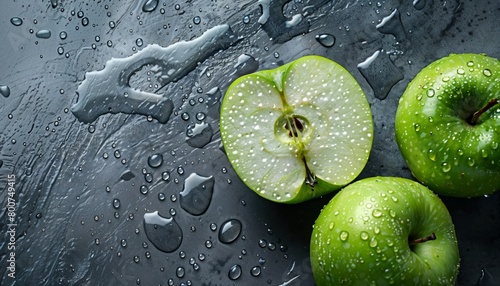Fresh Green Apple with Water Drops - Isolated on White Background