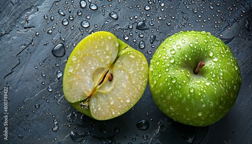 Fresh Green Apple with Water Drops - Isolated on White Background