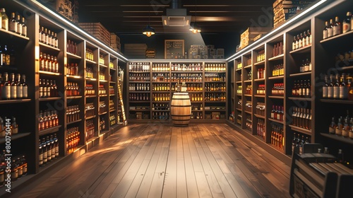 Liquor store interior. Fictitious text and labels