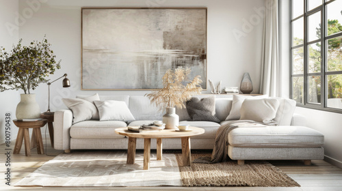 A living room with a white couch  a coffee table  and a large painting on the wall