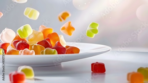 On a clean white surface, a plate of assorted apple cider vinegar gummies, with colorful candies spilling onto the ground, perfect for a vibrant dietary supplement advertisement. photo