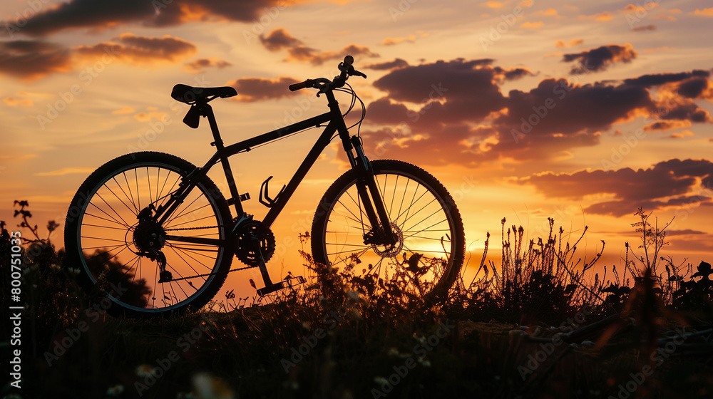 A bicycle is parked in a field with a beautiful sunset in the background. The bike is the only object in the scene, and it is a peaceful and serene moment captured in time A bicycle is parked in a field with a beautiful sunset in the background. The bike is the only object in the scene, and it is a peaceful and serene moment captured in time