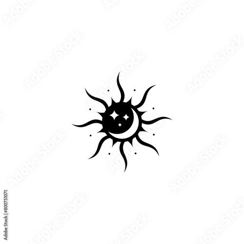 Sun logo combination with crescent moon and stars inside with flat vector illustration design
