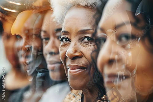 Multiple generations in a single frame through a series of overlapping profiles, an elderly woman's face, radiating wisdom and the shared stories of her lineage