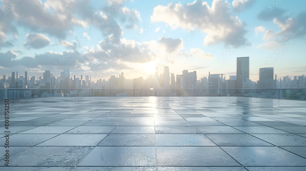 A city skyline with tall buildings in the background and an empty square floor in the foreground.