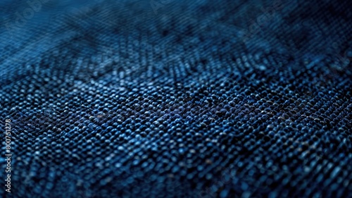 Close-up texture of blue woven fabric with focus on intricate threading