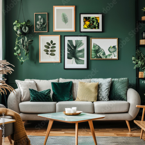 A living room with a green wall and a couch with pillows and a coffee table. The room has a modern and cozy feel