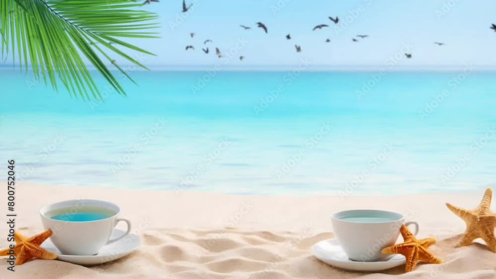 Cup with starfish on the beach. Seamless looping time-lapse 4k video animation background Cup with starfish on the beach. Seamless looping time-lapse 4k video animation background