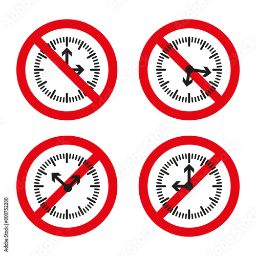 No time change allowed. Vector prohibition sign. Manual adjustment forbidden. Clock settings restricted.