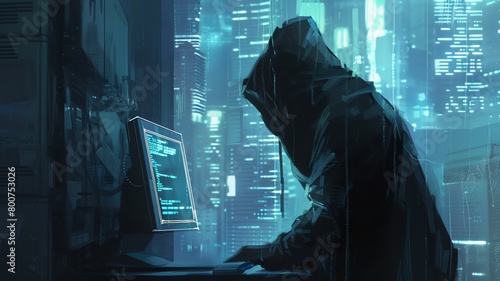 Cyber Intrusion A hooded figure hunched over a computer screen, their face obscured by shadows, executes a sophisticated hack with stealthy precision
