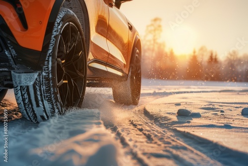 Closeup of car wheels on winter road. Generate AI image © Ashalina