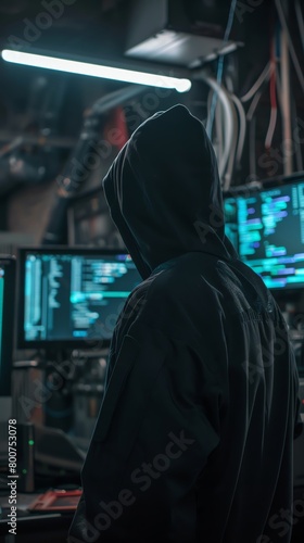 Shadowy businessman in a hoodie orchestrating a cyber-attack from a dark basement, screens displaying real-time hacking progress, emphasizing criminal mastery