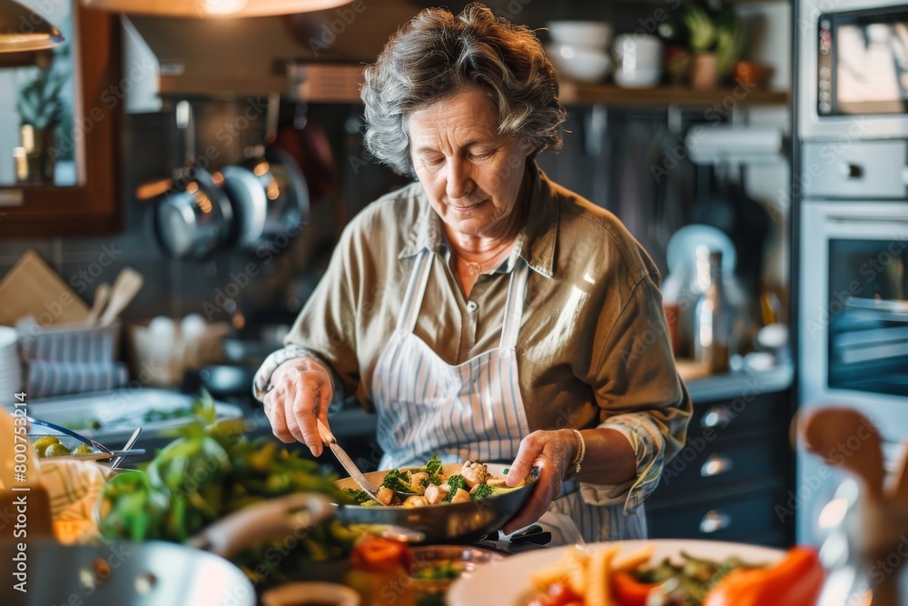Elderly woman cooking in home kitchen Elderly woman cooking in home kitchen