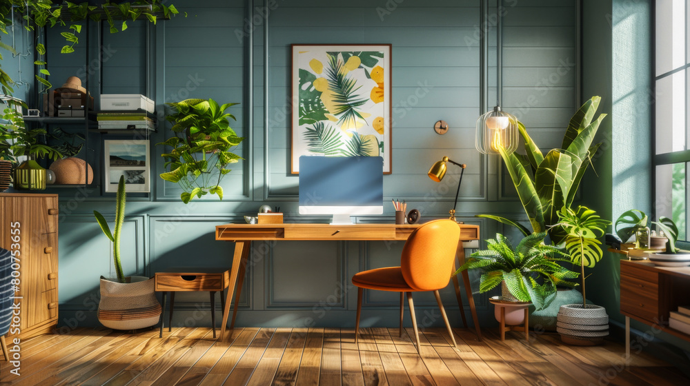 A modern office space with a large computer monitor on a desk. The room is decorated with plants and has a bright, sunny atmosphere