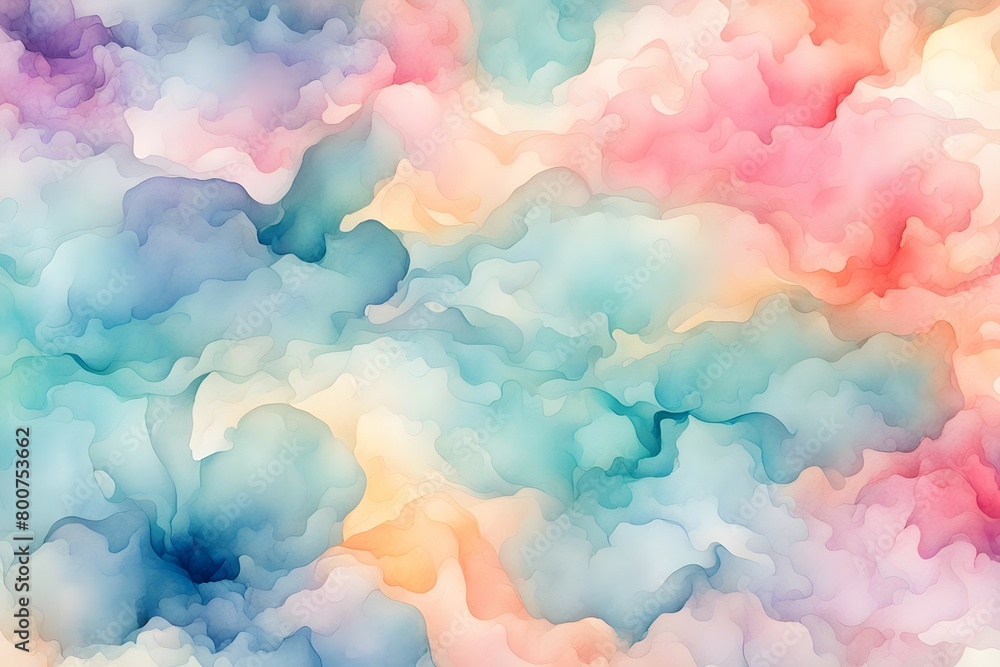 A colorful painting of a sky with clouds in various shades of blue, pink A colorful painting of a sky with clouds in various shades of blue, pink