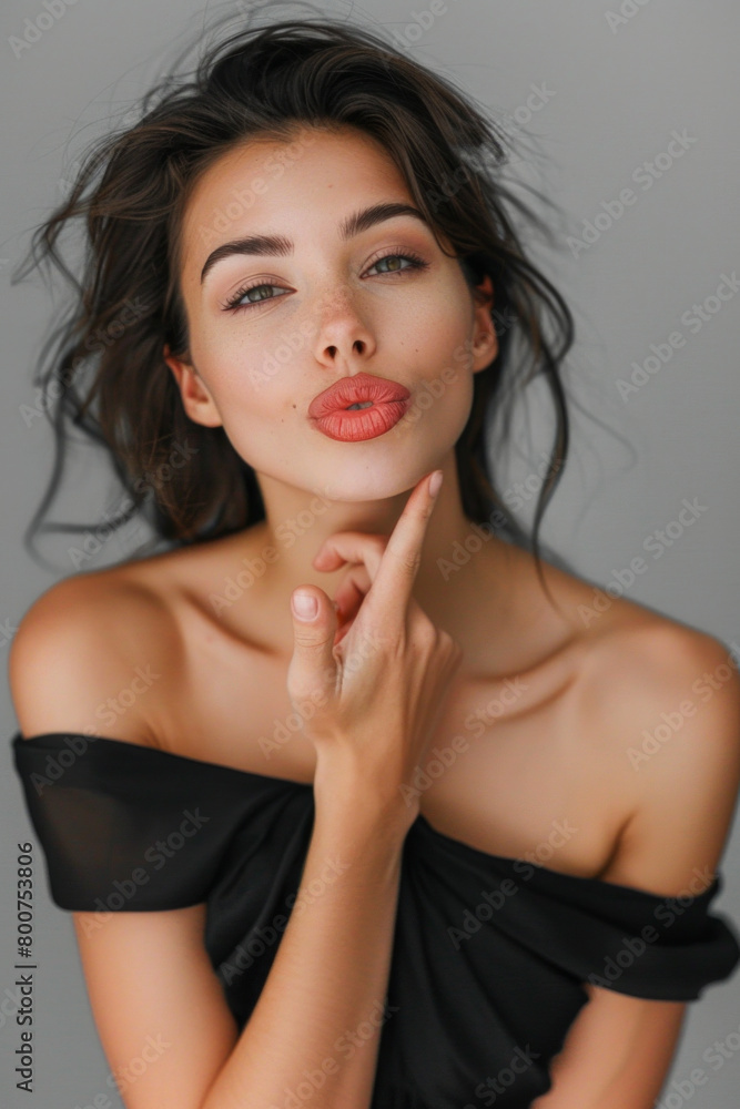 A photo of an attractive and very feminine woman. She wears a black dress that shows off some shoulder. She is blowing a kiss to the camera. Pouty lips A photo of an attractive and very feminine woman. She wears a black dress that shows off some shoulder. She is blowing a kiss to the camera. Pouty lips