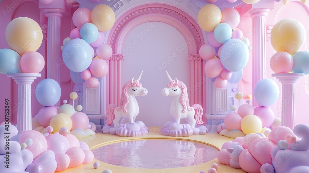 The background is cute, pastel colors, with a unicorn doll.