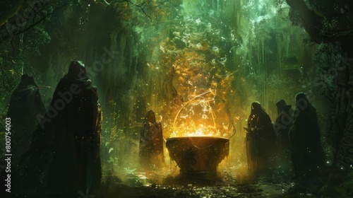 In a hidden laboratory deep within the forest a group of robed figures huddle around a large cauldron filled with bubbling liquid. . .