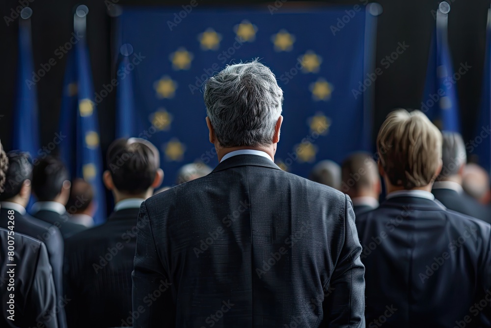 Obraz premium Back view of government representatives during a session in the EU parliament chamber.