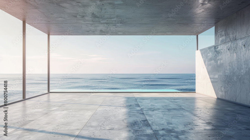 Obraz premium A large open space with a view of the ocean. The space is empty and has a modern feel to it