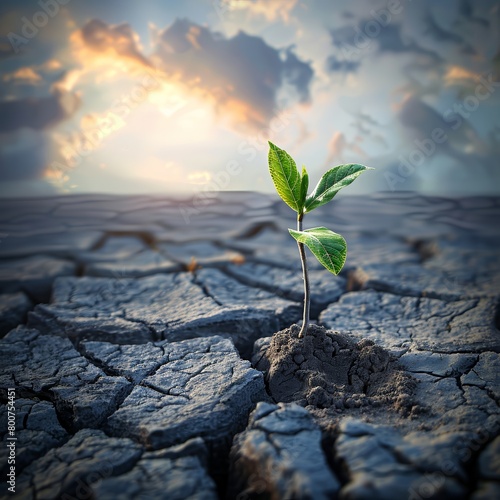 Young Plant Growing on Cracked Earth