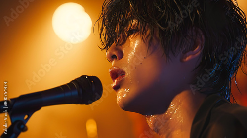 汗だくで熱唱するアジア人男性歌手の横顔 © Hanasaki