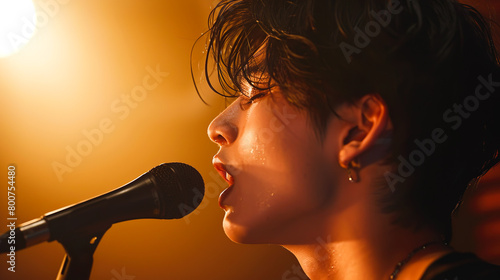 汗だくで熱唱するアジア人男性歌手の横顔