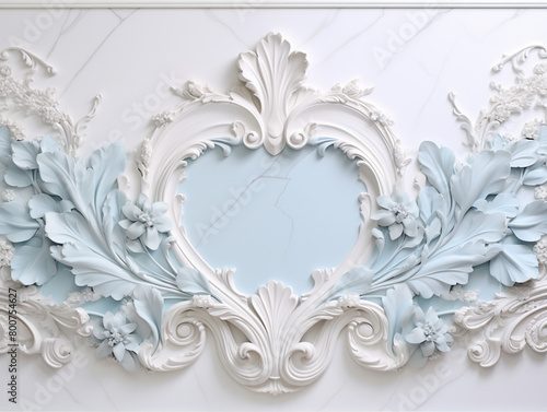 Pastel Blue and White Marble Stone Rococo Carving - With Floral Elements and Beautiful Flower Petals/Leaves - Vintage French Parisian Aesthetic Background Sculpture