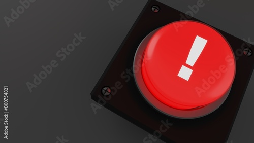 3D rendering of red button with exclamation mark on gray background.