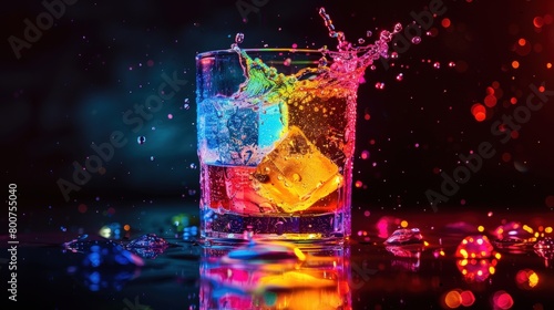 A glass of colorful neon liquid with ice cubes splash. Generate AI image