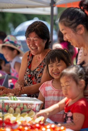 Families of diverse backgrounds come together, laughing and sharing joy, as they indulge in a vibrant multicultural food festival under the warm summer sun