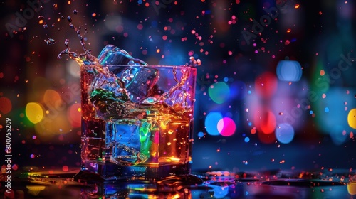 A glass of colorful neon liquid with ice cubes splash. Generate AI image