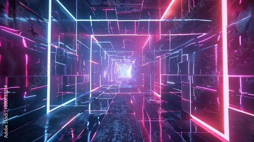 3d render, abstract background, ultraviolet neon light, holographic technology, tunnel, rounded square frames, virtual screen, space portal, virtual reality environment, pink blue spectrum, laser show