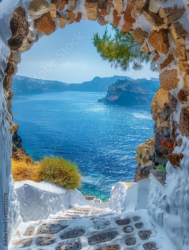 An arched gateway overlooking the Aegean Sea in Oia